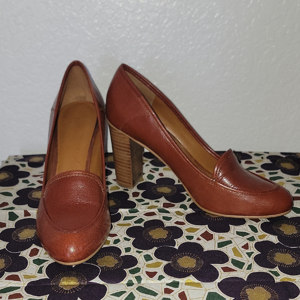 Nine West Brown Leather Block Heel Loafer Pumps